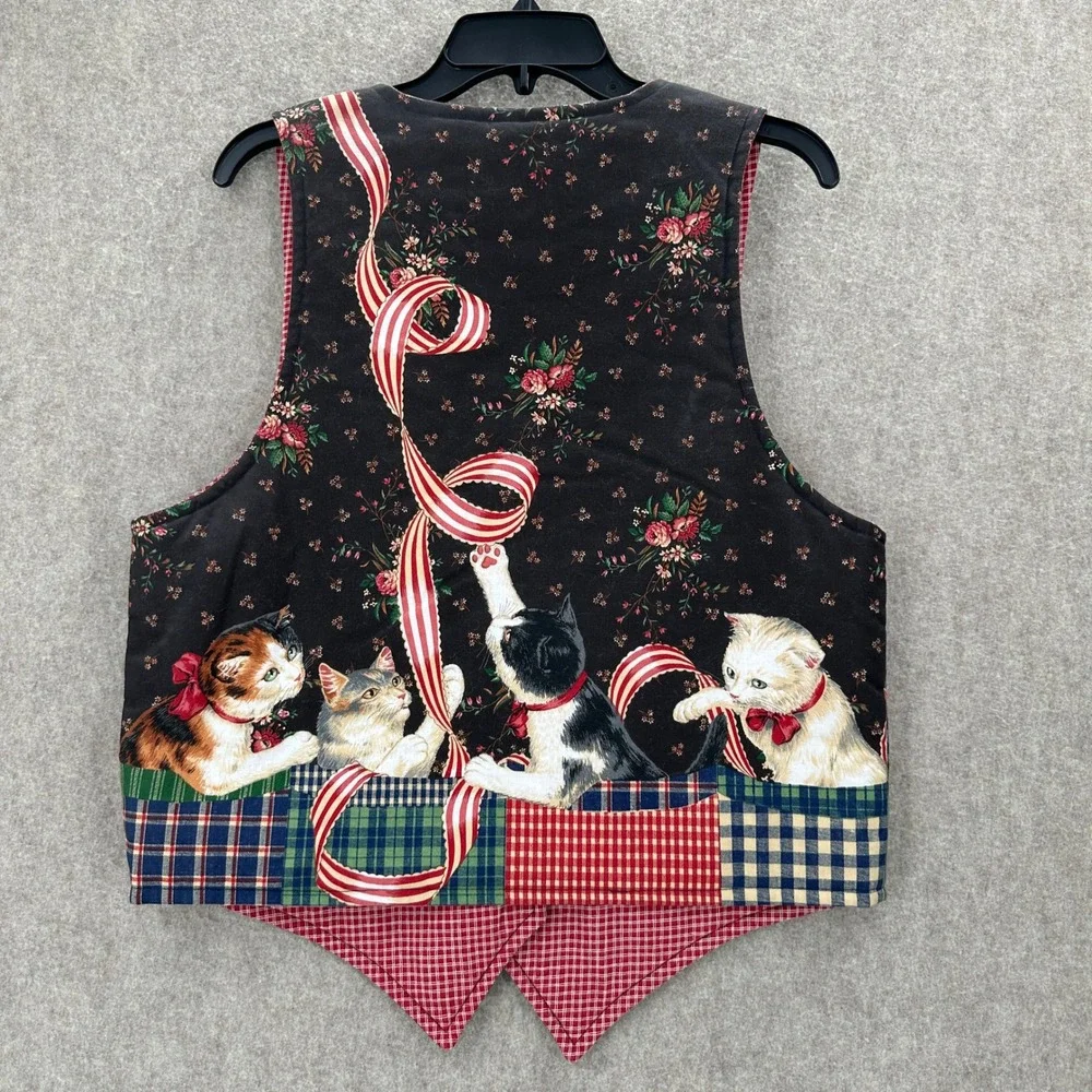Vintage Cats Kittens Printed Graphics Plaid Check Waistcoat‎ Vest Size SM-MED